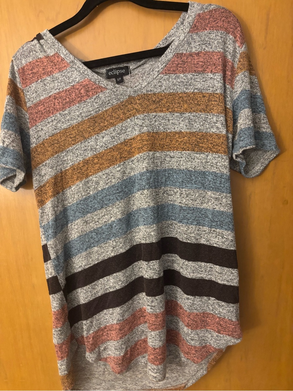 Eclipse Striped V-Neck Tee in Blue, Rust, Mustard, Brown & Gray